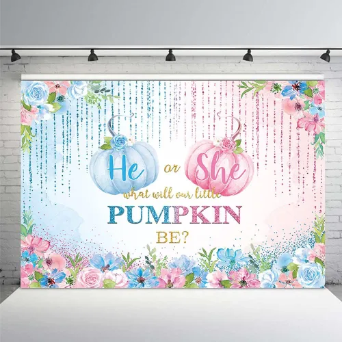 Vista 9 de MEHOFOND Fondo de otoño de 7 x 5 pies, diseño de calabaza pequeña para baby shower, decoración de fiesta con texto en inglés "He or she What Will