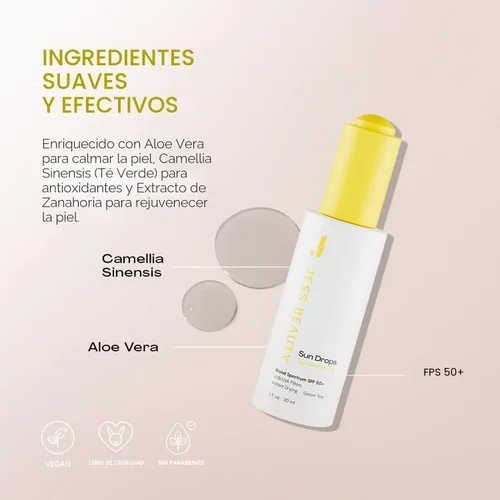 Vista 4 de JESS BEAUTY Protector solar facial Sun Drops SPF 50 Aceite para el cuidado de la piel con Camellia Sinensis y Squalane Cuidado de la piel