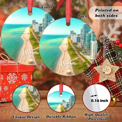 Vista 7 de Miami Beach - Decoraciones navideñas para árbol, Florida, Estados Unidos, adorno de Navidad de paisaje urbano 2022, recuerdo de viaje, adornos