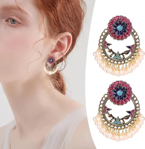 Vista 2 de Aretes de clip para niña, aretes bohemios, aretes de metal, aretes huecos, aretes vintage, juego de aretes bohemios, aretes colgantes para mujer