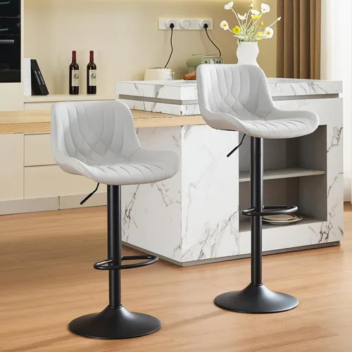 Vista 3 de Juego de 2 taburetes de bar modernos y giratorios ajustables con respaldo, asientos acolchados de piel sintética, sillas de isla de cocina para Gris