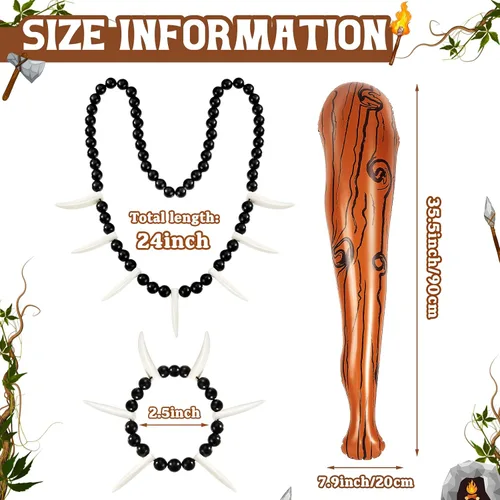 Vista 3 de 4 Pcs Womens Costume Jungle Necklace Tooth Bone Bracelet Inflatable Cave Bat Prehistoric Caveman Accessories for Halloween