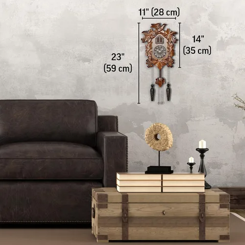 Vista 4 de Reloj de cuco con modo nocturno, decoraciones talladas a mano y péndulo oscilante (marrón)