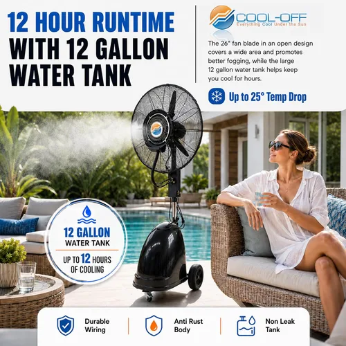 Vista 2 de Island Breeze - Ventilador de niebla oscilante, 3 velocidades de enfriamiento con tanque de 12 galones, altura ajustable, ventilador de pedestal Art