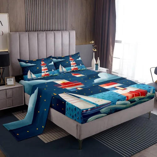 Vista 9 de Erosebridal Juego de sábanas de ballena náutica, tamaño individual, juego de ropa de cama vintage azul con ondas oceánicas para niños y niñas