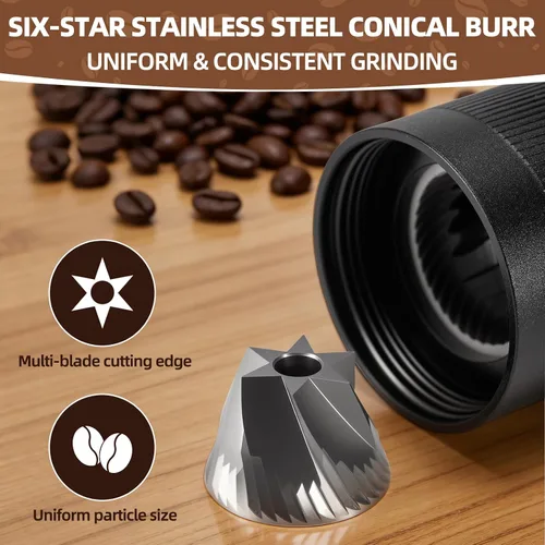 Vista 2 de Molinillo de café manual con ajuste externo, rebaba cónica de acero inoxidable de seis estrellas, molinillo de mano ajustable para expreso, vertido