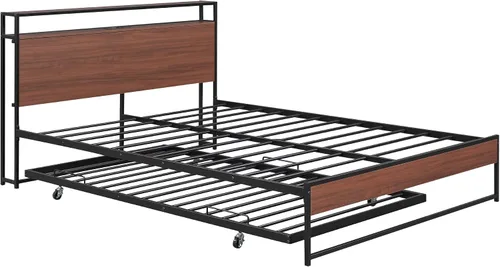 Vista 6 de Harper & Bright Designs Cama de plataforma Queen con nido y puertos USB, marco de cama Queen de metal con cabecera de almacenamiento y soporte