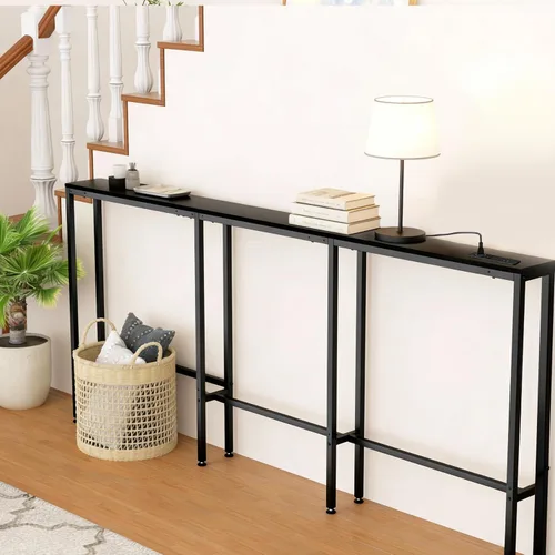 Vista 2 de Mesa de sofá de consola estrecha de 78 pulgadas con tomas de corriente y 2 puertos USB, en forma de L detrás del sofá, 3 opciones de montaje, mesas