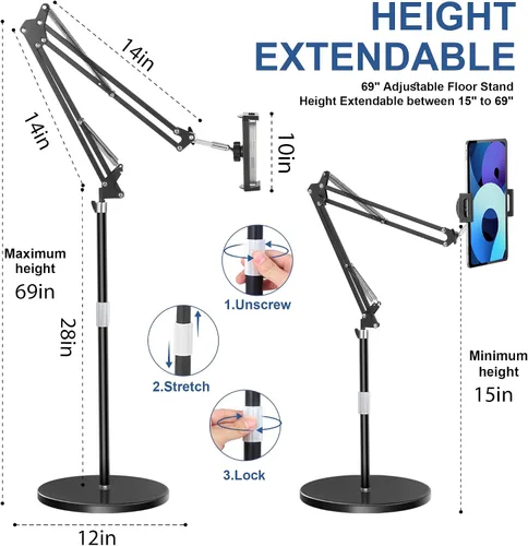 Vista 8 de Soporte de piso para tablet con base estable de 12 libras, soporte para teléfono iPad con brazo elástico de altura ajustable para iPad Pro Air Mini