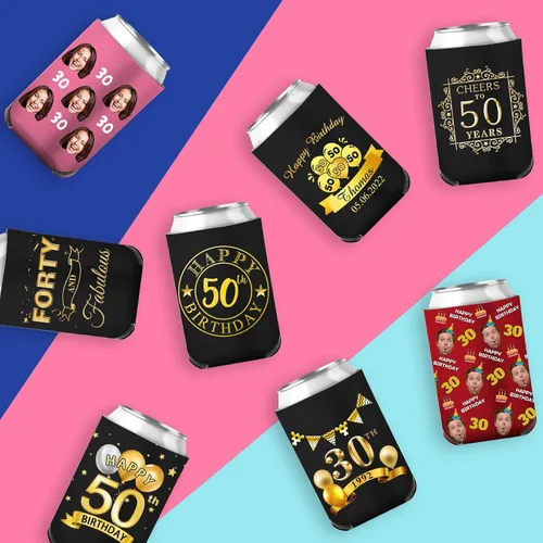 Vista 7 de Fundas enfriadoras de latas de cumpleaños, soporte personalizado para botellas de cerveza a granel con nombre de foto, suministros para fiestas