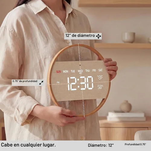 Vista 3 de Driini Reloj de pared digital grande – Reloj de pared de madera de bambú digital redondo con pantalla grande – Reloj de pared LED – Atenuación