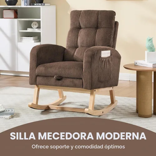 Vista 4 de NIOIIKIT Mecedora para guardería, mecedora tapizada de pana con reposapiés ajustable, silla mecedora copetuda con bolsillo lateral, mecedora café