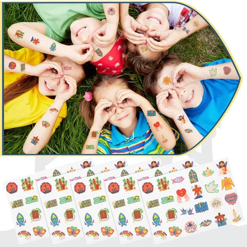 Vista 7 de Landhoow 240 tatuajes religiosos cristianos temporales para niños, tatuajes faciales con brillantina, calcomanías para el cuerpo, accesorio