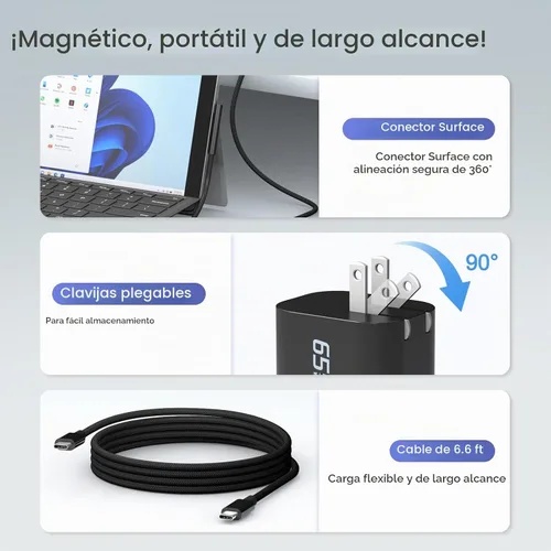 Vista 3 de Cargador USB C Surface Pro de 65 W compatible con Surface Pro 3/4/5/6/7/8/9/10/X/11/12, Surface Book1/2/3, adaptador de corriente compatible