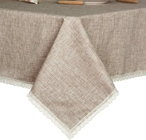 Vista 2 de GLORY SEASON - Mantel de lino rústico de arpillera lavable, sólido de color tostado, pesado, 55 x 70, rectangular, con borde de encaje superpuesto