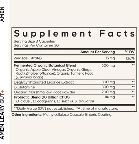 Vista 2 de Suplemento Amen para intestino permeable - Fórmula avanzada con L Glutamina biodisponible, Zinc, Cúrcuma, raíz de regaliz DGL - raíz de malvavisco