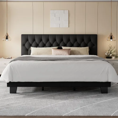 Vista 13 de Feonase Marco de cama de plataforma twin con cabecera capitoné con botones, cama tapizada de lino con soporte de listones de madera, no necesita