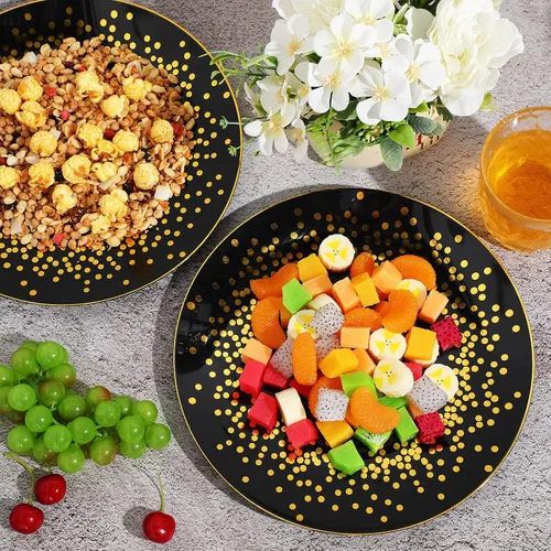 Vista 6 de Hsei 100 platos de plástico negros y dorados a granel desechables para Halloween, platos redondos de postre para cenas, bodas, cumpleaños, Navidad