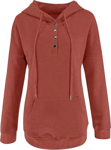 Vista 6 de Sudaderas de gran tamaño para mujer, cuello de botón, con cordón, casual, manga larga, con capucha, ropa de otoño