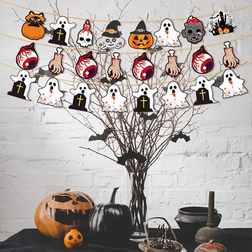 Vista 4 de Adornos de árbol de Halloween, colgantes colgantes de fantasma, diseño de impresión de doble cara, diseño de ojos, calavera, mano, calabaza, adornos