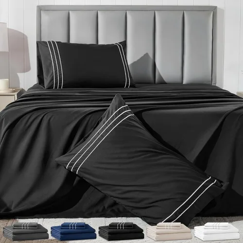 Vista 13 de Juego de sábanas tamaño individual con funda de almohada bordada, sábanas de microfibra ultrasuave de 3 piezas, comodidad de hotel de lujo, sábana
