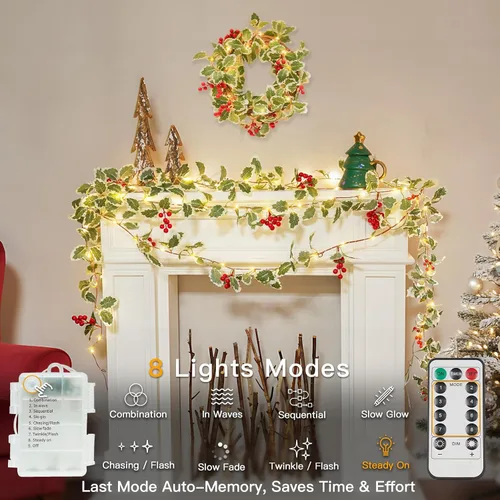 Vista 4 de Suddus 40 luces LED de Navidad con pilas, tira de luces de 12.5 pies con bayas rojas y hoja de acebo, temporizador remoto, guirnaldas artificiales