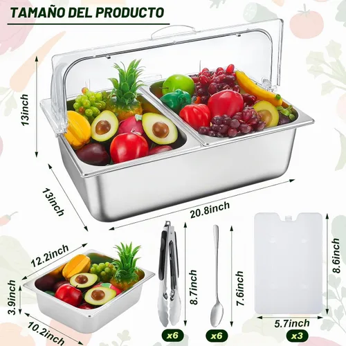 Vista 2 de Tessco for you 16 piezas de contenedor de condimentos para servir alimentos y especias, con tapa, para exhibición en mostrador, enfriado, de acero