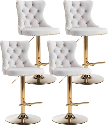 Vista 42 de Juego de 2 taburetes de bar beige, taburetes de bar tapizados ajustables con respaldo y reposapiés dorado, modernos taburetes de bar giratorios