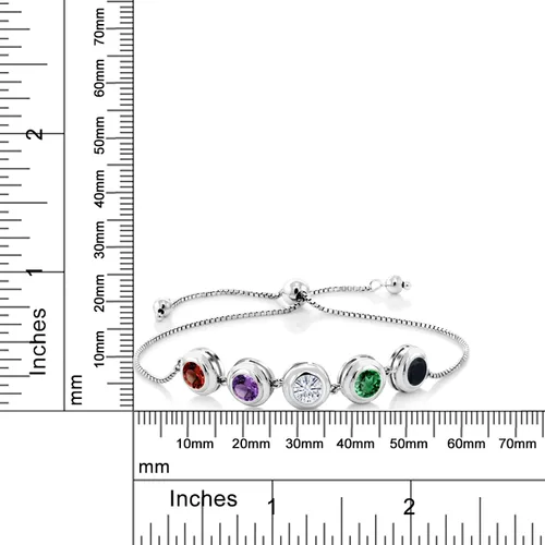 Vista 4 de Gem Stone King Pulsera de plata de ley 925 personalizada y personalizada de 5 piedras con bisel redondo y piedra natal para mujer, totalmente