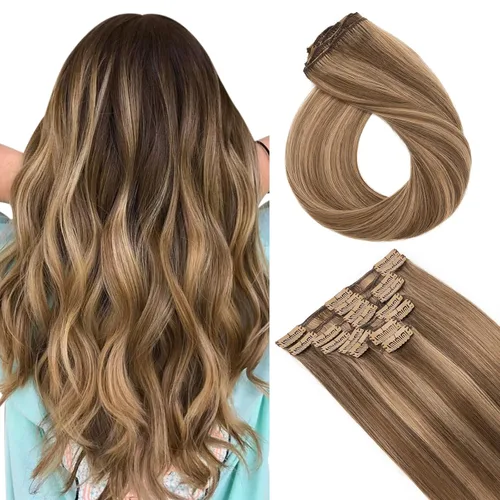 Vista 25 de Extensiones de cabello con clip, cabello humano Remy, extensiones de cabello largo lacio de una pieza con 5 clips, con gancho para colgar