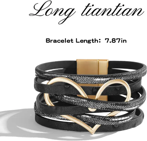Vista 7 de Long tiantian Pulseras de cuero boho para mujer, regalos de moda para adolescentes, niñas, cosas de moda, multicapa de amor, corazón, de cuero