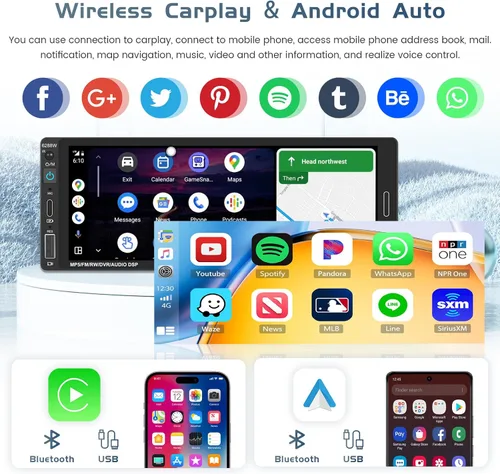Vista 2 de Radio de coche de un solo DIN estéreo con Apple Carplay Android Auto, pantalla táctil HD de 6.9 pulgadas, receptor Bluetooth, enlace de espejo