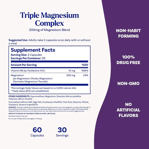 Vista 4 de Natrol Suplemento triple complejo de magnesio, glicinato, citrato y taurato de 200 mg de alta absorción, apoya el bienestar de todo el cuerpo, 60