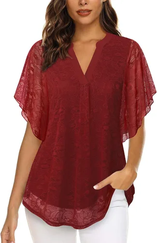 Vista 2 de Timeson Blusas de manga corta con cuello en V para mujer, camisas florales de doble capa de malla