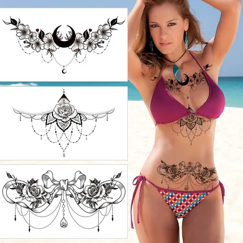 Vista 3 de Glaryyears Tatuajes temporales para el pecho y debajo del seno para mujeres adultas, paquete de 6, tatuajes falsos negros realistas grandes de larga