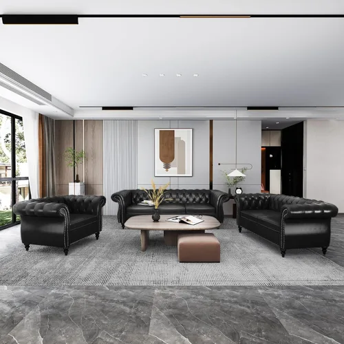 Vista 4 de AVZEAR Sofá Chesterfield de 84 pulgadas, 3 plazas, sofá clásico de cuero PU con brazos enrollados y respaldo con botones capitoné, sofá tipo canapé