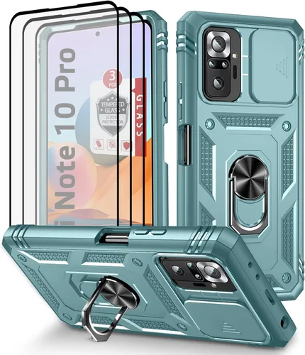 Vista 13 de Funda para Xiaomi Redmi Note 10 Pro, Redmi Note 10 Pro MAX con 3 protectores de pantalla de vidrio templado con soporte de anillo integrado + Negro