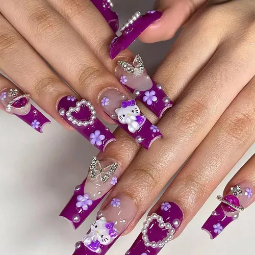 Vista 12 de Uñas postizas a presión con estampado de leopardo, lindas uñas postizas con dijes, uñas largas de ataúd, uñas postizas de cobertura completa