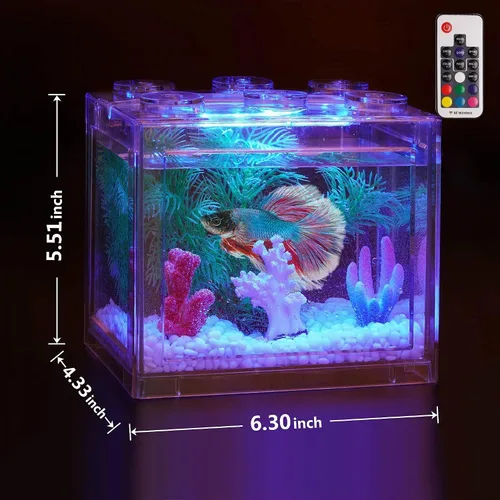 Vista 3 de Oltraman Pequeño Tanque de Peces Betta, Kit de Tanque de Acuario con Iluminación LED, Conjunto de Tanque de Peces de Combate Apilable de 0.6