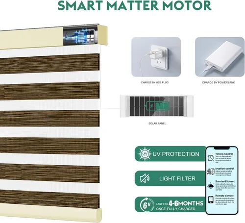 Vista 4 de Persianas motorizadas de cebra con control remoto [doble capa + filtro de luz] Persianas inteligentes 60% opacas para ventanas interiores