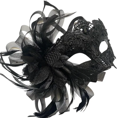Vista 4 de MASQ Par de máscaras de encaje brocado para mascarada, Mardi Gras, cumpleaños, graduación, boda, fiesta Bk Lace W Pluma