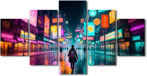 Vista 112 de Póster de 5 paneles en lienzo para decoración de pared, diseño de centro urbano Cyberpunk, impresión moderna, decoración de pared para el hogar
