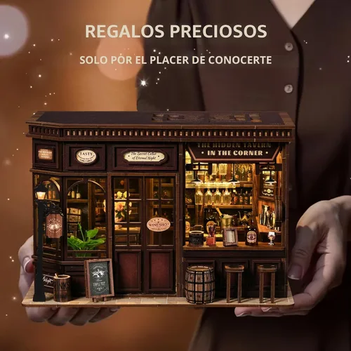 Vista 3 de Kit de rincón de libros, kit de casa de muñecas en miniatura con muebles y luz LED, rompecabezas 3D, sujetalibros de arte de madera, kits