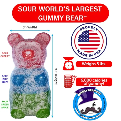 Vista 3 de The Gummy Bear Guy Ositos de gomita de fama mundial (TM) Oso de goma más grande del mundo agrio - Cereza/Frambuesa azul/manzana verde