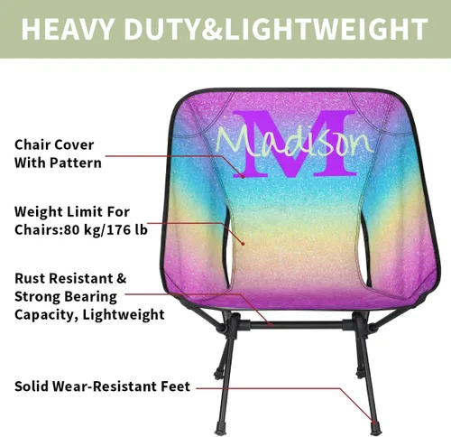 Vista 3 de Silla de camping personalizada portátil con nombre, silla plegable ligera para playa, senderismo, rosa, azul y dorado