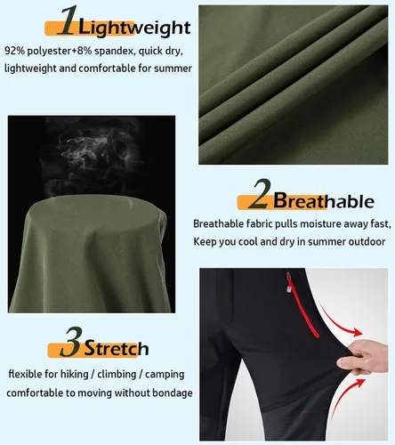 Vista 3 de CARWORNIC Pantalones de senderismo ligeros para hombre, de secado rápido, impermeables, con bolsillos con cremallera