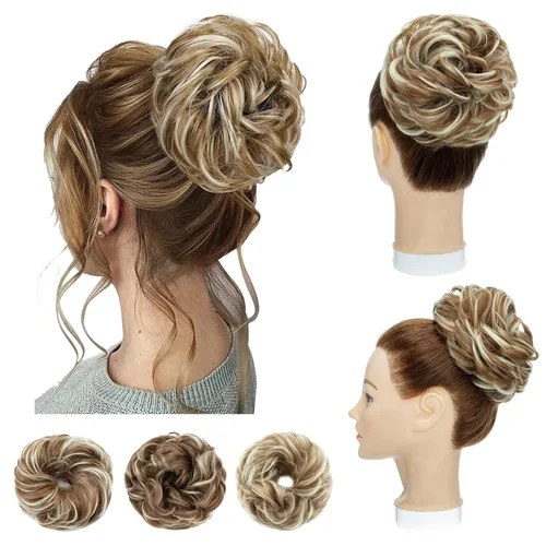 Vista 8 de Hairro Pieza de pelo para mujer, moño desordenado, esponjoso, despeinado, recogido, ombré, coleteros sintéticos, dona, elástico, para boda, novia