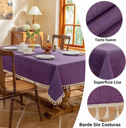 Vista 2 de AmHoo Mantel de mezcla de lino, mantel rectangular de 7.12 oz/m² con costuras y borlas para cocina, comedor, boda, bufé, 55 x 55 pulgadas
