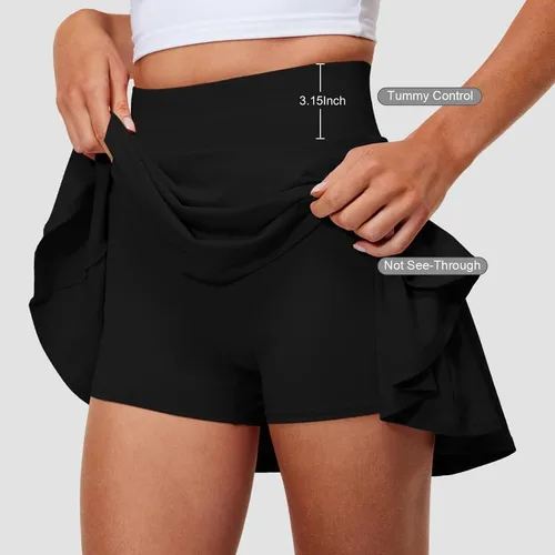 Vista 3 de Hiwzffy Faldas de tenis plisadas para mujer, con control de abdomen, faldas de golf con pantalones cortos, bolsillos, cintura alta, faldas ligeras