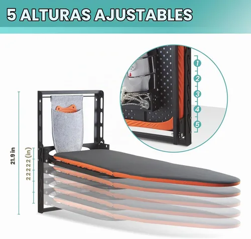 Vista 5 de Seiritex Tabla de planchar montada en la pared con soporte para plancha, 36 x 13 pulgadas, tabla de planchar plegable de montaje compacto